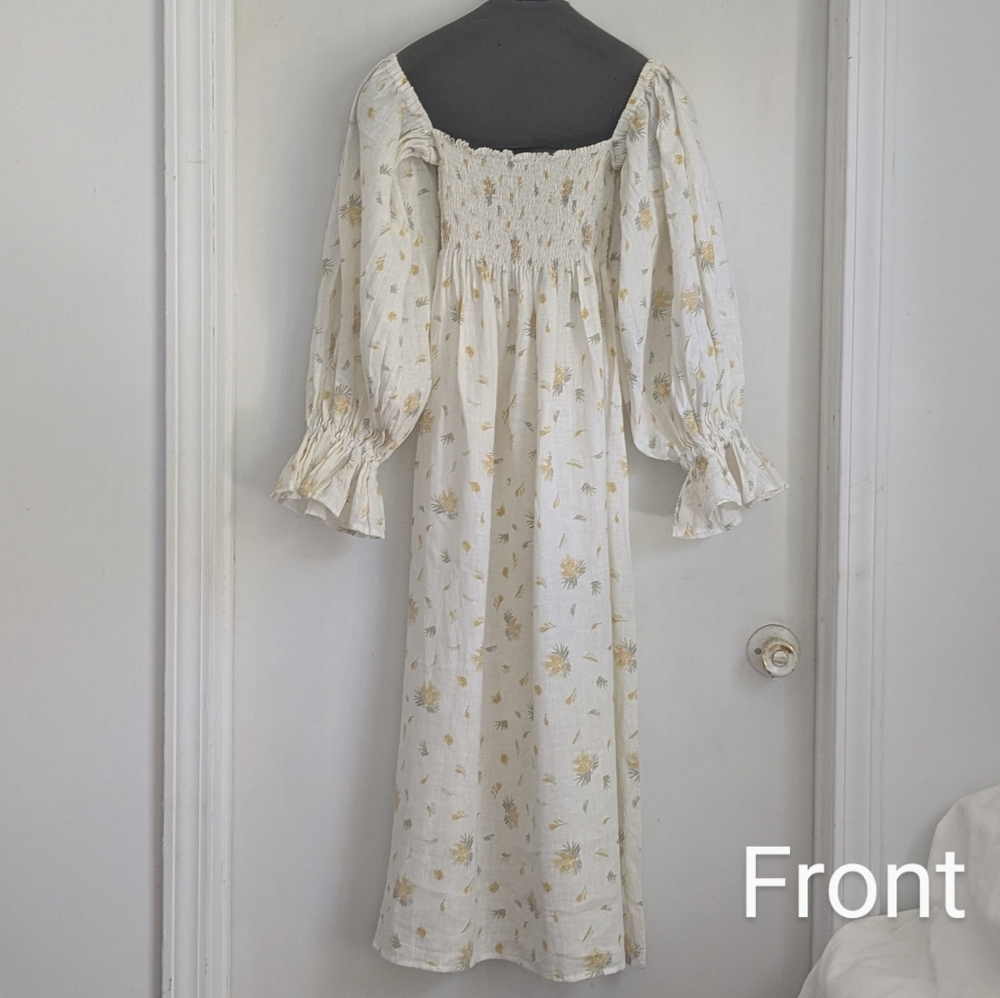 Sleeper Atlanta Smocked Linen Midi Dress Cottagecore Mimosa Size M - Picture 7 of 11
